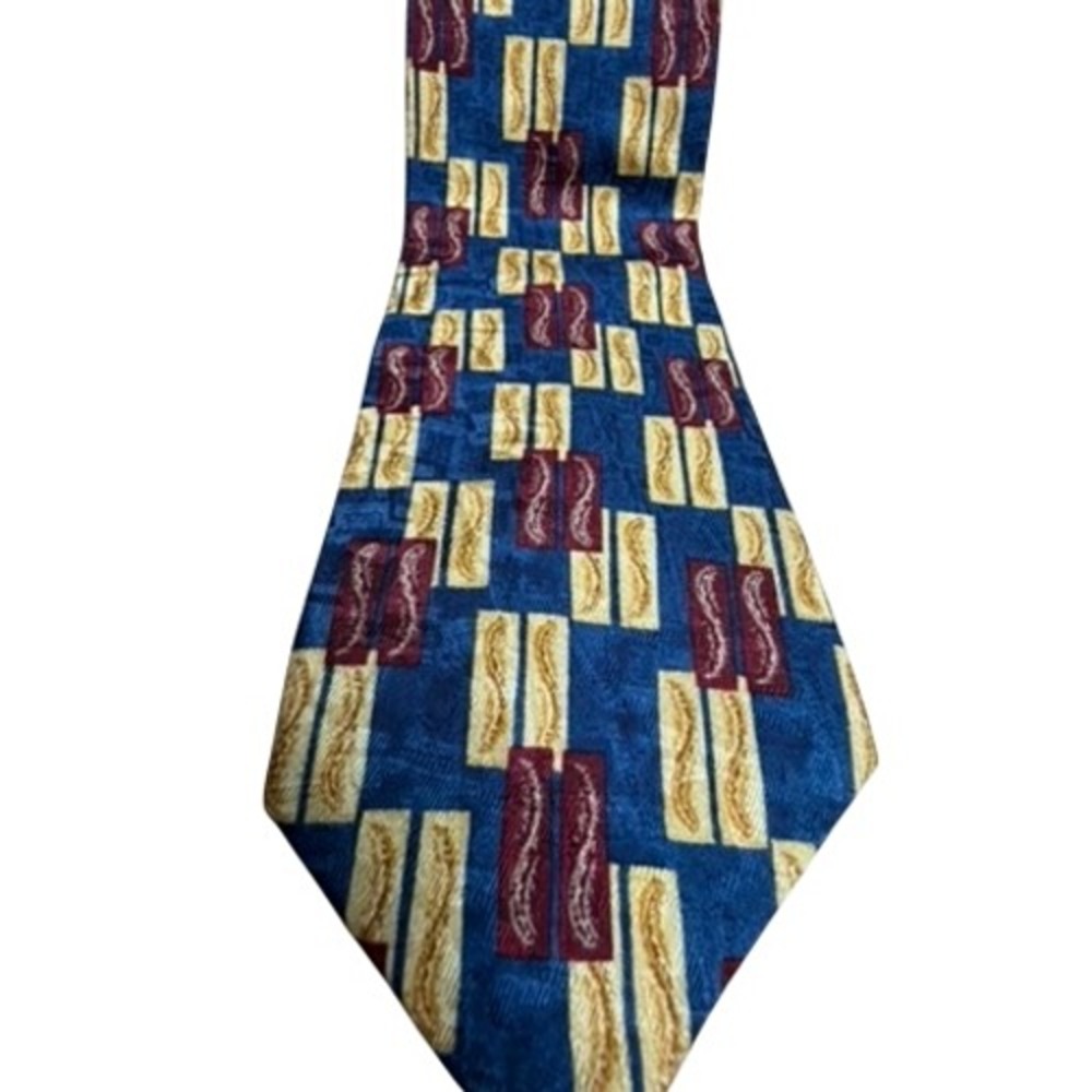 VTG"BERT PULITZER" Silk Geometric Pattern Tie Blue Gold Burgundy Men's Necktie